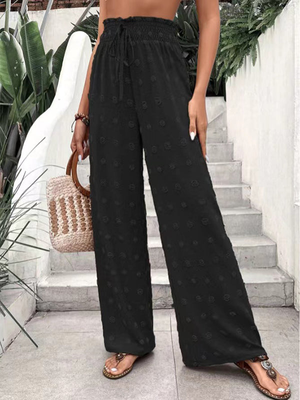 Pantalon ample taille haute, à cordon de serrage, à taille élastique, en jacquard, couleur unie