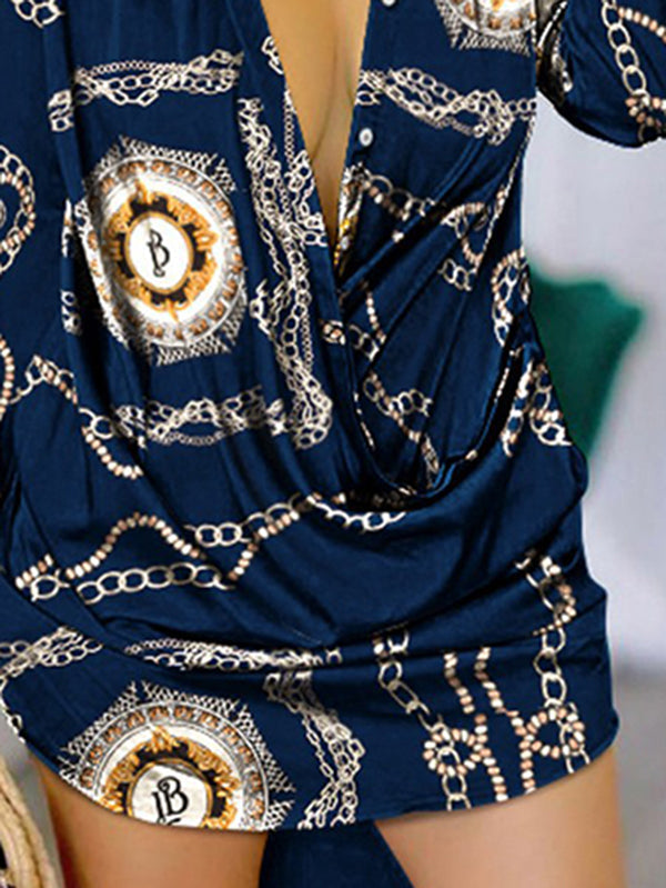 Robe chemise ample imprimée à manches longues, à motifs figuratifs, à col revers