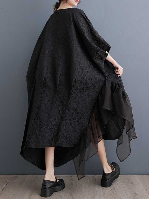 Robe mi-longue ample asymétrique plissée à manches chauve-souris, en forme de fleur, en gaze, en jacquard, à empiècements, à col rond, couleur unie
