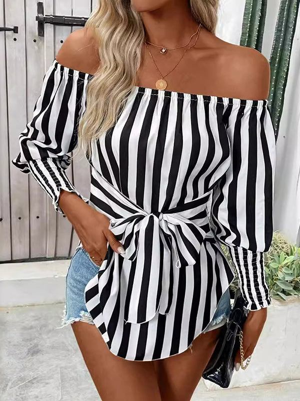 Chemisier ample rayé à manches longues, à taille élastique, à empiècements, à taille nouée, à épaules dénudées, couleur contrastée