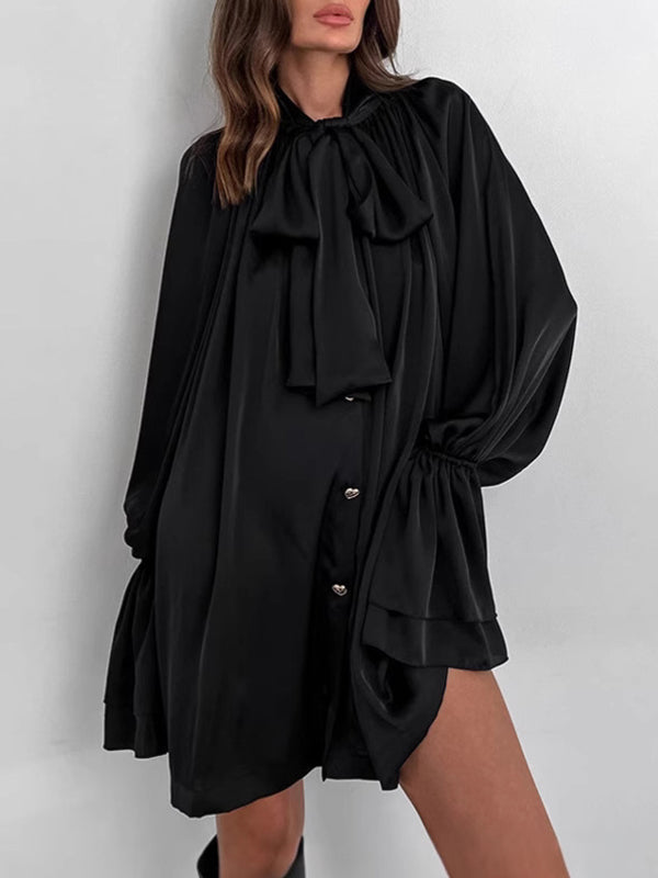 Robe courte boutonnée plissée nouée coupe trapèze, à manches évasées, à taille élastique, à fermeture éclair, à col montant, couleur unie