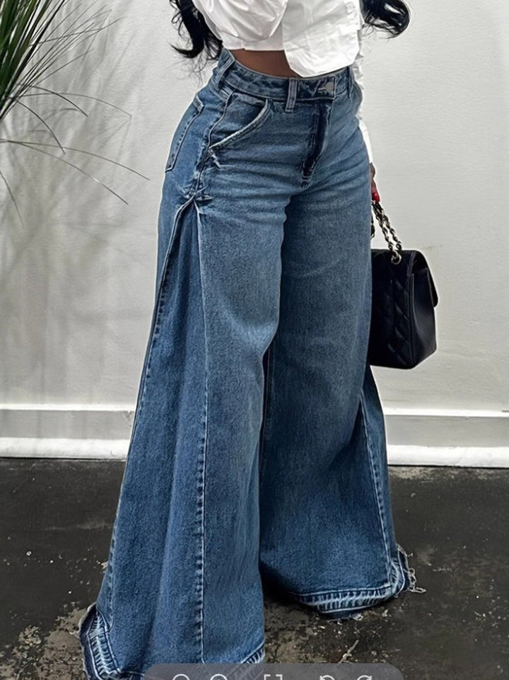 Jean boutonné taille haute, à jambes larges, à poches