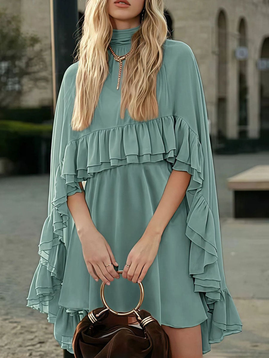 Robe courte ensemble deux pièces plissée volantée nouée taille haute, sans manches, à empiècements, à col cheminée, couleur unie