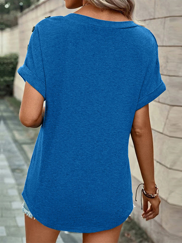 T-shirt ample boutonné à manches courtes, à col en V, couleur unie