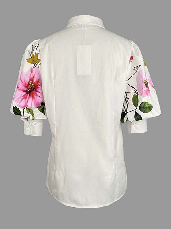 Chemisier asymétrique à manches bouffantes, à imprimé floral, à empiècements, à col revers