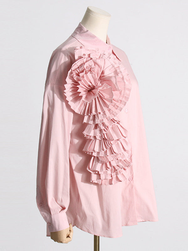 Chemisier ample asymétrique boutonné plissé à manches longues, à empiècements, à fleurs en 3D, à col revers, couleur unie