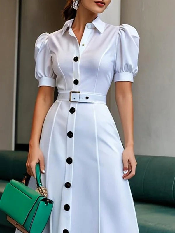 Robe chemise boutonnée à manches bouffantes, à manches courtes, avec ceinture, à col revers, couleur unie