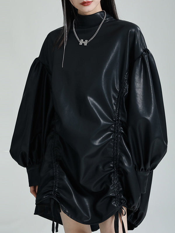 Robe courte plissée à ourlet plongeant, à manches longues, à cordon de serrage, à col montant, couleur unie