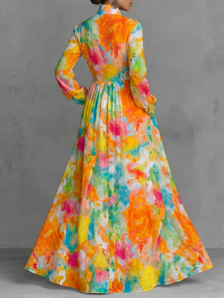 Robe chemise boutonnée plissée imprimée coupe trapèze, à manches longues, à poches, à col revers, couleur contrastée