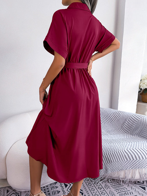 Robe chemise ample à manches courtes, à empiècements, à taille nouée, à col revers, couleur unie