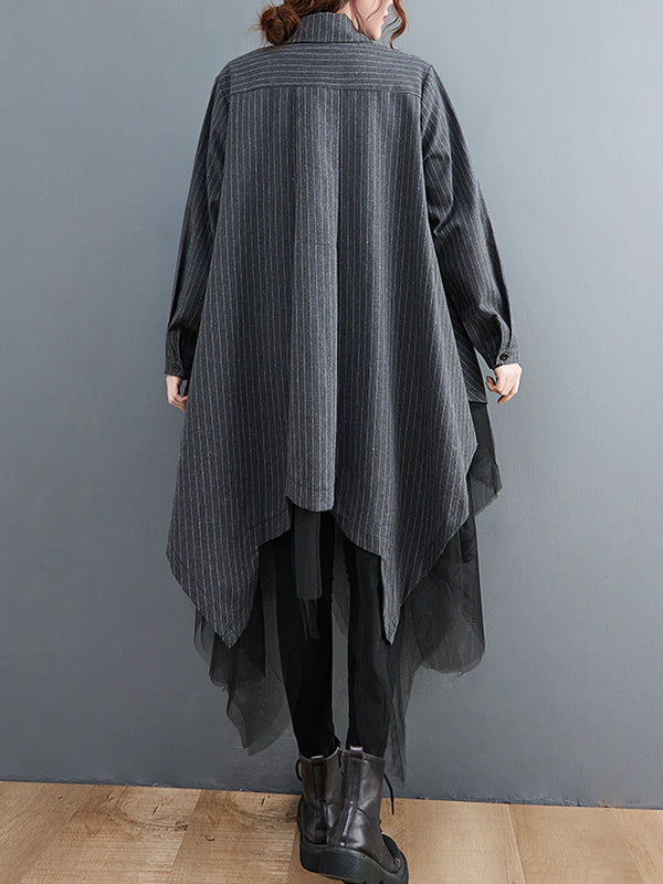 Robe ample rayée longue en gaze, à empiècements, à col revers