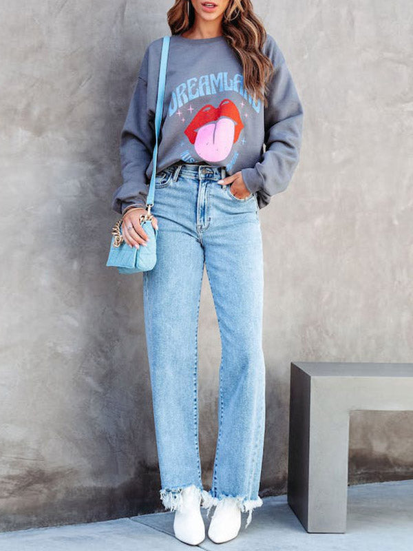 Jean taille haute, à jambes droites, à franges, à empiècements