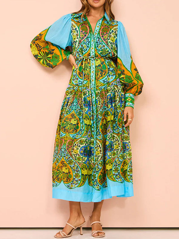 Robe mi-longue ample taille haute, à manches bouffantes, avec ceinture, à imprimé floral, à col revers