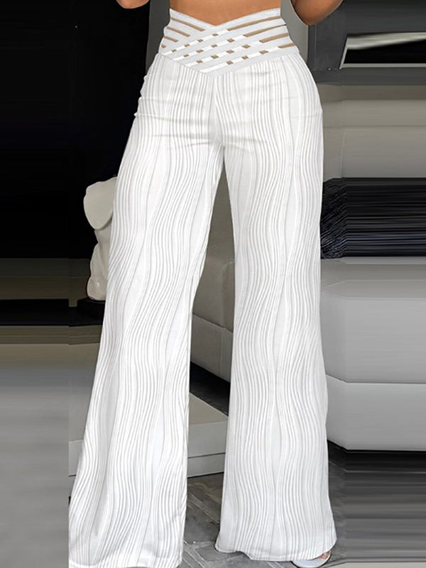 Pantalon ample ajouré plissé à jambes larges, à taille élastique, couleur unie