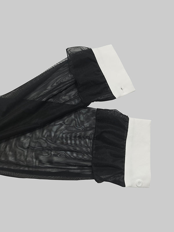 Robe chemise boutonnée transparente fendue sur le côté à manches longues, à col revers, couleur unie
