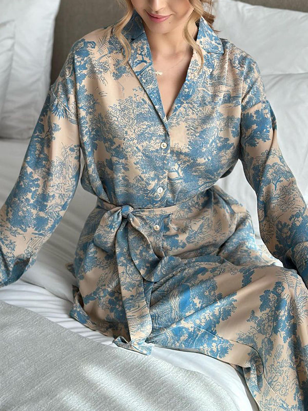 Ensemble deux pièces boutonné imprimé à manches longues, à taille nouée, à col cranté, taille haute – chemise + haut + pantalon