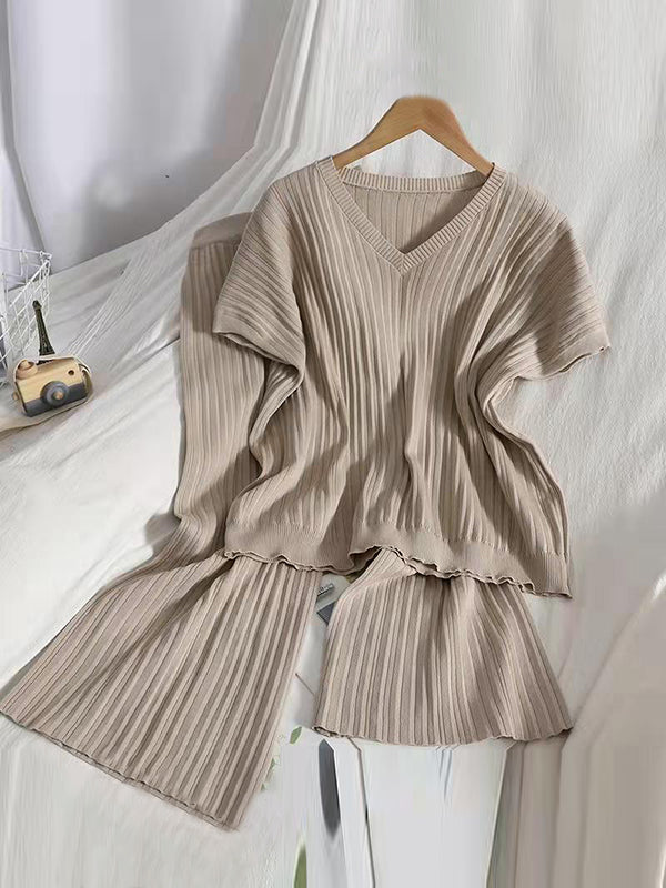 Ensemble deux pièces ample en tricot, à manches raglan, à col en V, couleur unie – pull + haut + pantalon