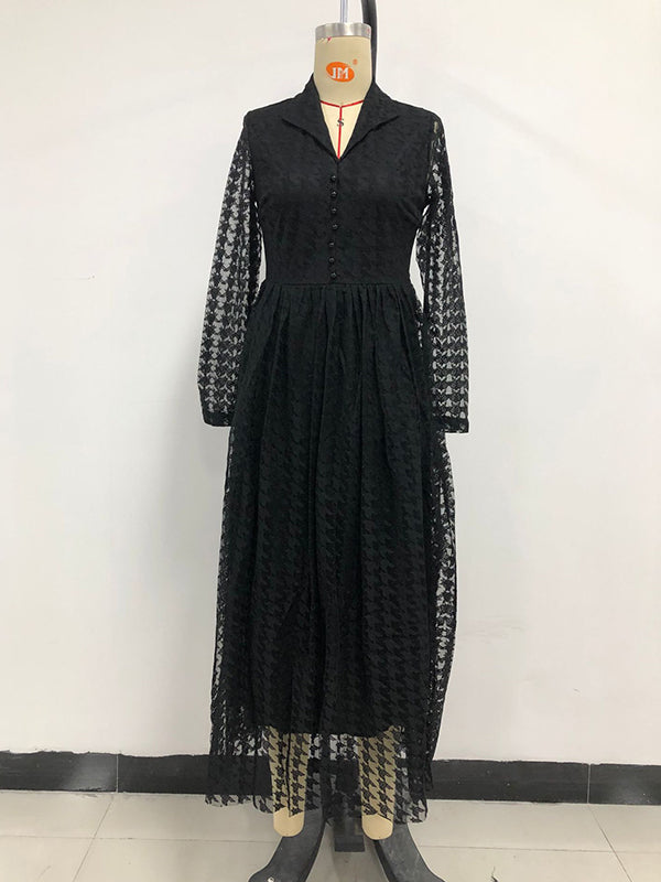 Robe longue boutonnée transparente taille haute, à manches longues, en gaze, à col en V, couleur unie