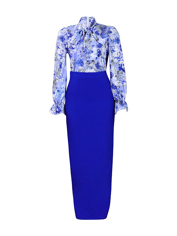Ensemble deux pièces fendu dans le dos à manches longues, à imprimé floral, couleur unie – chemisier + jupe