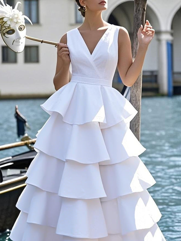 Robe longue superposée coupe trapèze, taille haute, à col en V, couleur unie