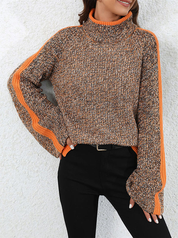 Pull décontracté à manches longues, ample, couleur contrastée, demi-col roulé