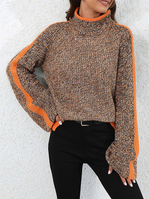 Pull décontracté à manches longues, ample, couleur contrastée, demi-col roulé