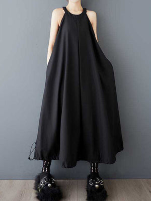Robe mi-longue ample plissée coupe trapèze, à cordon de serrage, à poches, à fermeture éclair, à fines bretelles, couleur unie