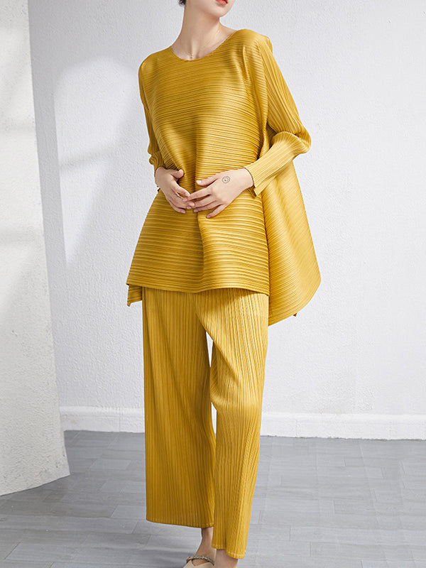 Ensemble deux pièces ample plissé à ourlet plongeant, à col rond, couleur unie – t-shirt + pantalon