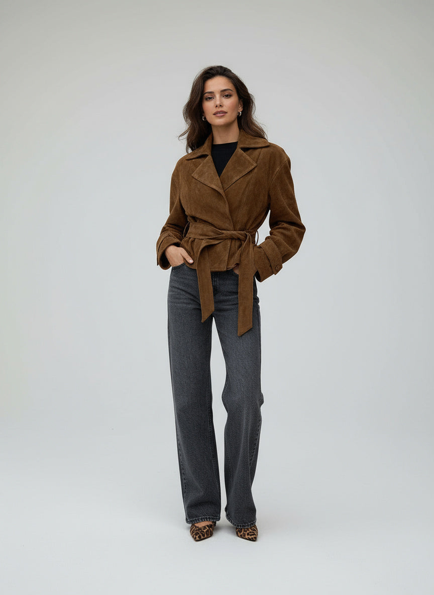Vydra | Manteau Wrap Femme En Suède Brun Avec Ceinture