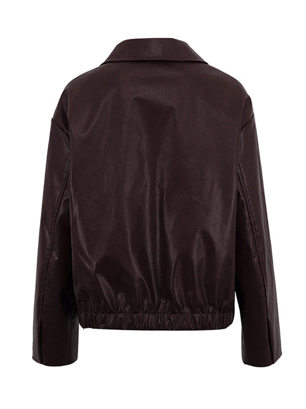 Veste ample à manches longues, à taille élastique, à fermeture éclair, à col revers, couleur unie