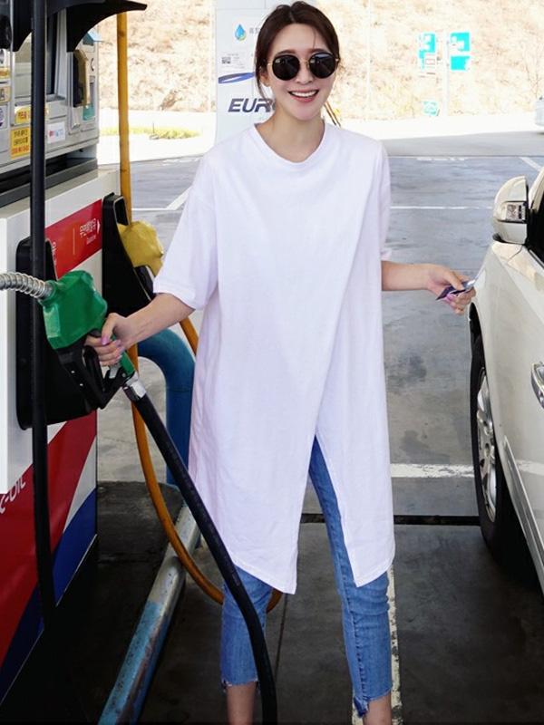 Haut t-shirt uni ample simple fendu sur le devant