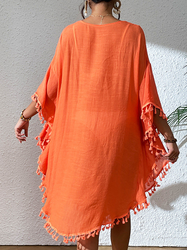 Robe mi-longue ample ajourée à manches chauve-souris, anti-UV, à pompons, à col rond, couleur unie