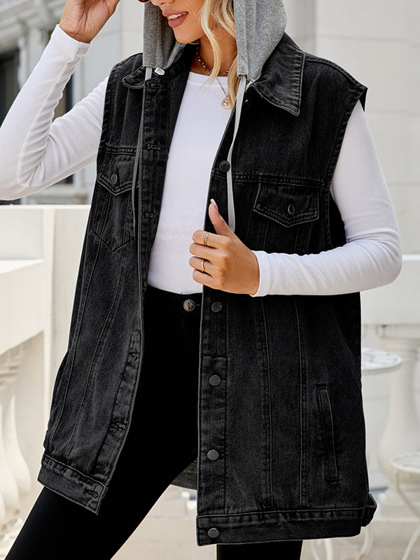 Gilet sans manches ample boutonné amovible à cordon de serrage, à capuche, à poches, à empiècements, col polo