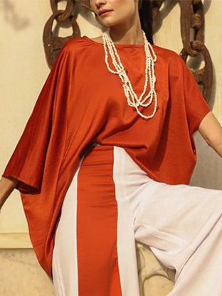 Ensemble deux pièces à manches chauve-souris, à manches mi-longues, à jambes larges, couleur unie, couleur contrastée – haut + pantalon