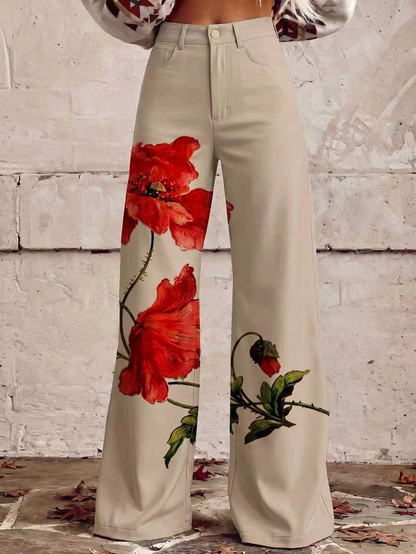 Pantalon boutonné taille haute, grande taille, à imprimé floral, à poches
