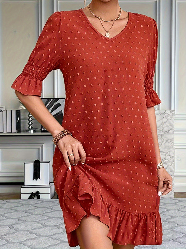 Robe courte plissée coupe trapèze, à manches évasées, à taille élastique, en jacquard, à empiècements, à col en V, couleur unie
