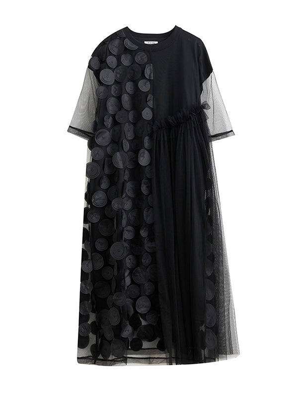 Robe mi-longue ample asymétrique à manches courtes, en gaze, à empiècements, à col rond
