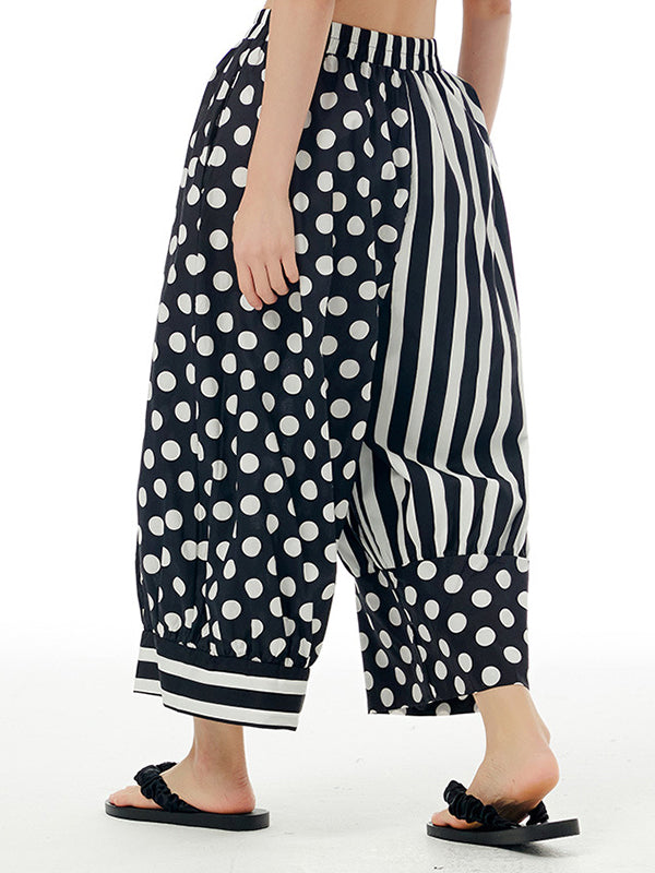 Pantalon ample rayé à jambes larges, à taille élastique, à pois, à empiècements, couleur contrastée