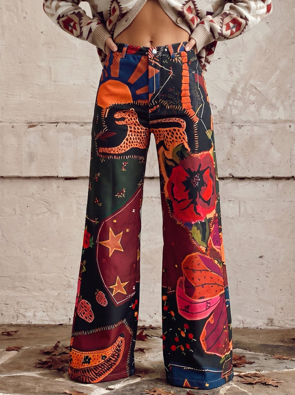 Pantalon boutonné imprimé taille haute, grande taille, à poches