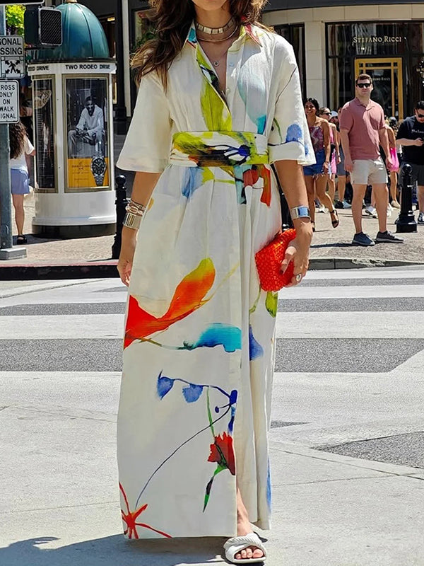 Robe chemise ample asymétrique imprimée à manches mi-longues, à empiècements, à taille nouée, à col revers