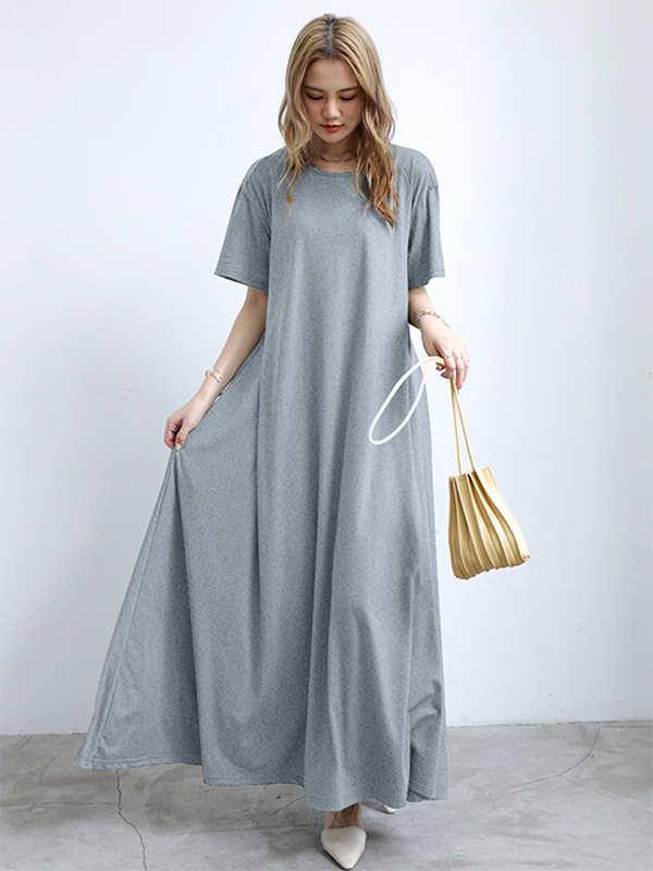 Robe longue simple ample à manches courtes, à col rond, couleur unie