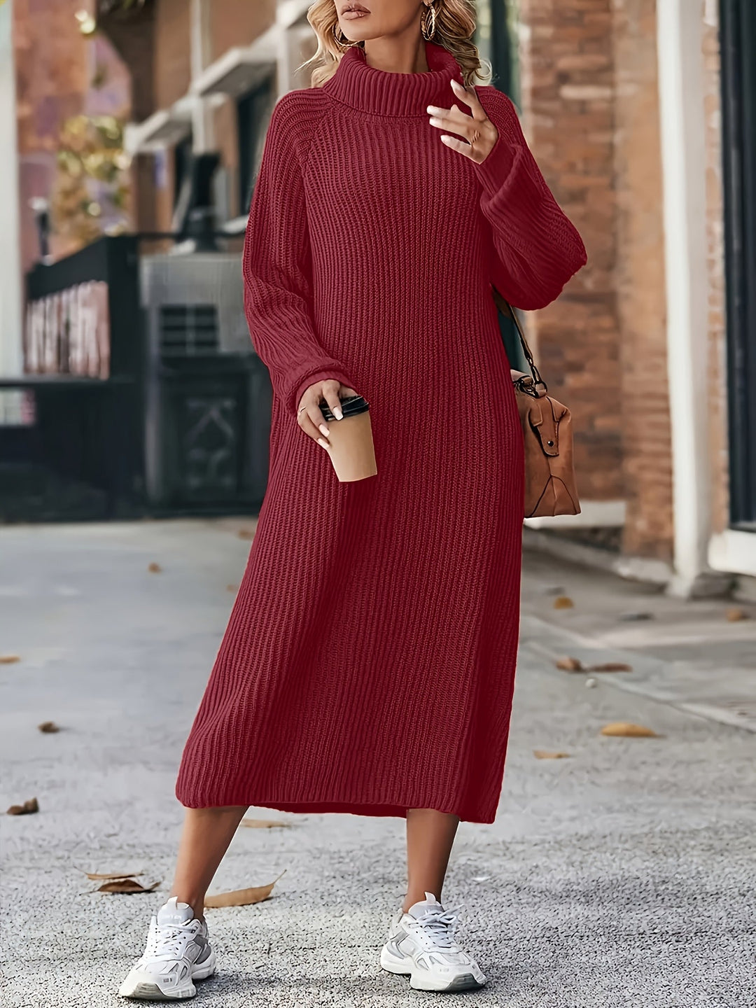 Robe en tricot pour femmes à col roulé | Manches longues et longueur midi