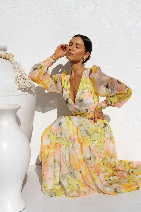 Pénélope | Robe Midi Florale - Décolleté en V & Élégante