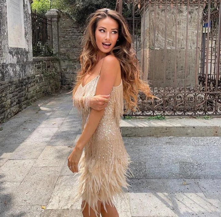 Astrid Fjerfrynsede Minikleid – Robe de fête glamour ornée de perles