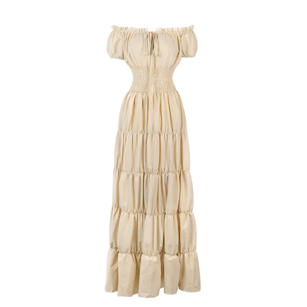 Margaret - Robe maxi femme avec design sans épaules et jupe à volants avec taille froncée