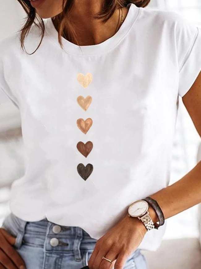 Leonora | T-shirt Femme Imprimé Cœur Col Rond Manches Courtes
