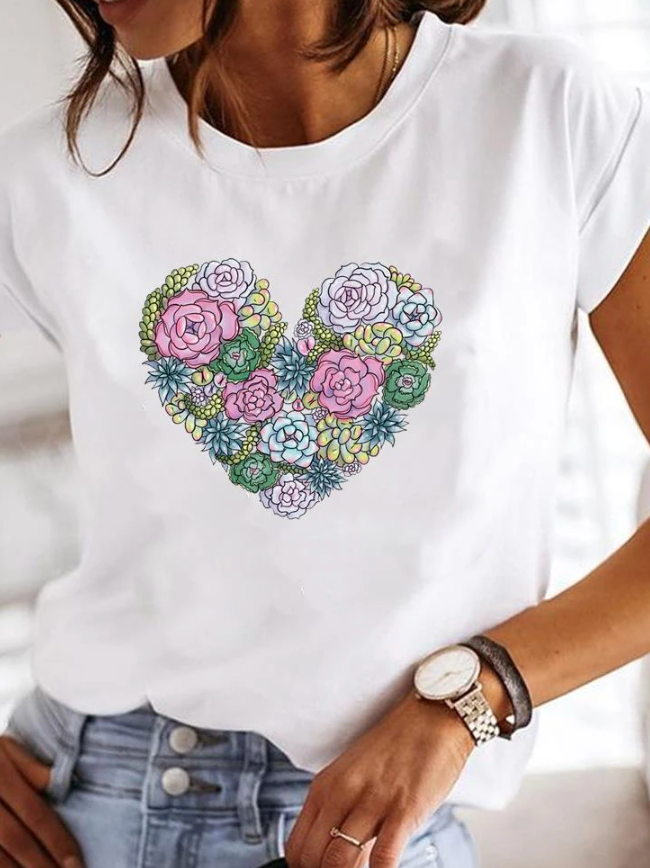 Leonora | T-shirt Femme Imprimé Cœur Col Rond Manches Courtes