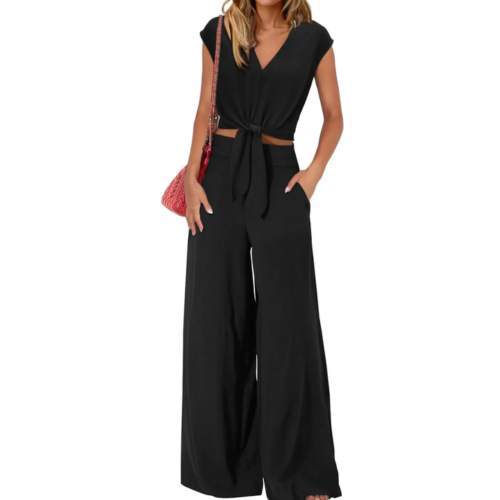 Michelle - Top court à décolleté en V avec nœud devant et ensemble de pantalon large