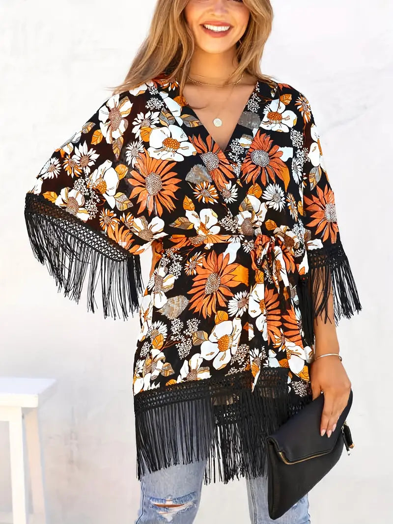 Kimono-Cardigan vif avec motif floral et franges pour femmes