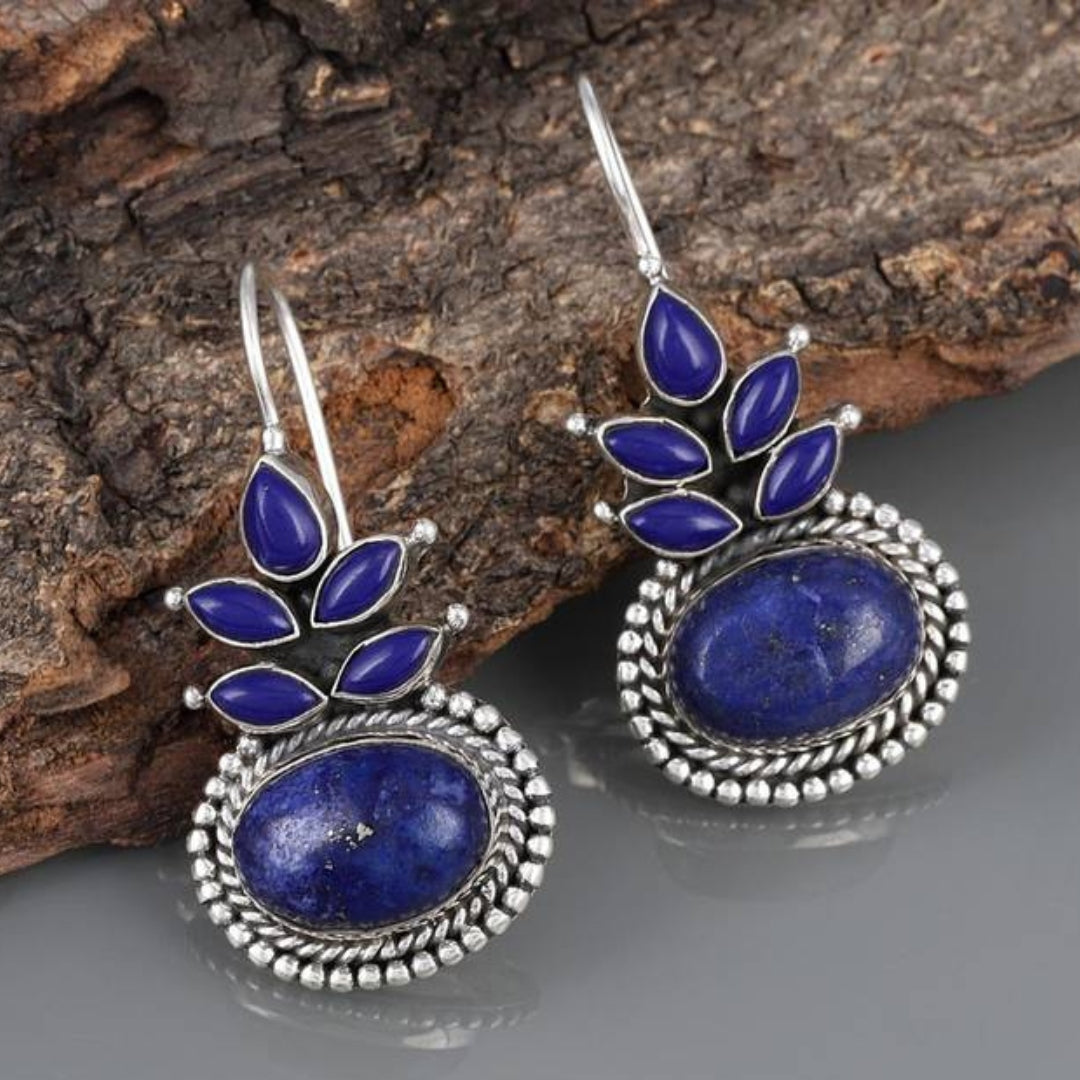Boucles d'oreilles Boho avec opale bleue et fleurs en argent sterling